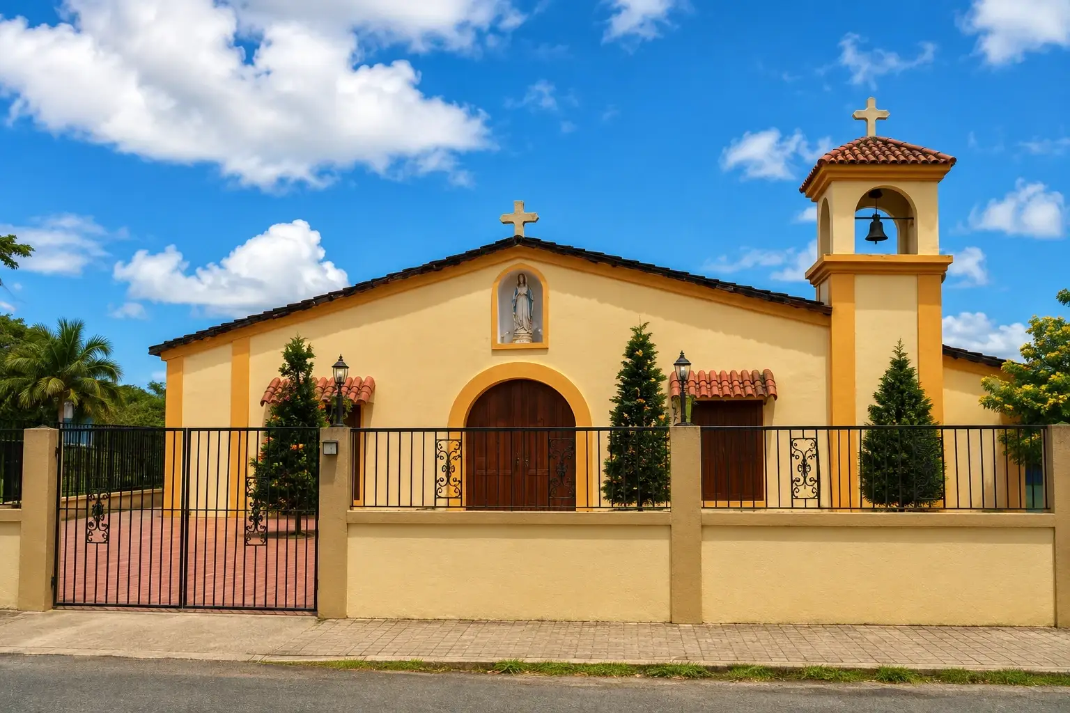 Historic Ermita de Espinar in Aguada, Puerto Rico, featuring a warm yellow facade, arched wooden entrance, bell tower, crosses, and tropical surroundings.
