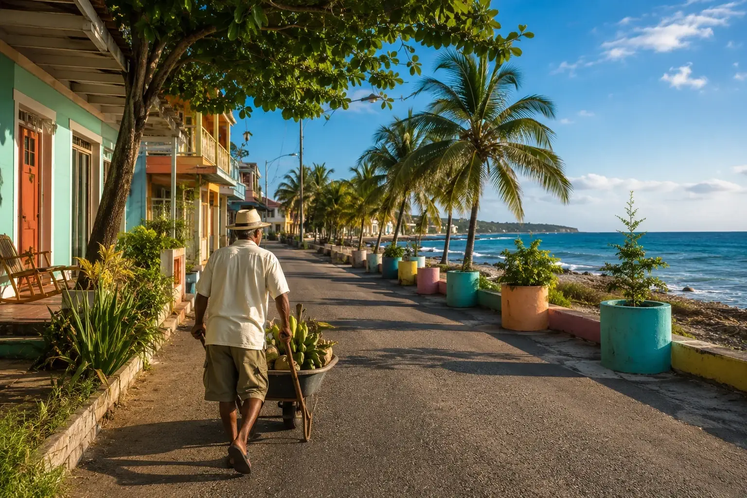 Local coastal street scene in Aguada, Puerto Rico, with colorful homes, palm trees, ocean views, and a resident walking with fresh tropical produce.