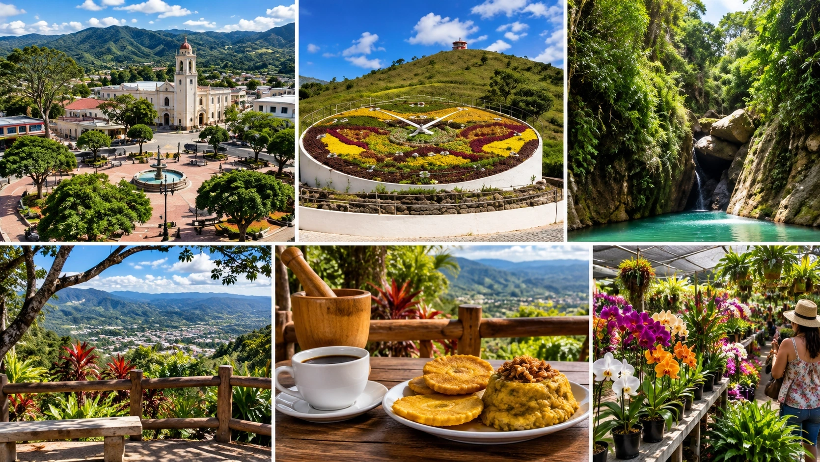 Local experiences in Aibonito, Puerto Rico, featuring mountain scenery, town landmarks, traditional cuisine, nature, and colorful flower nurseries.