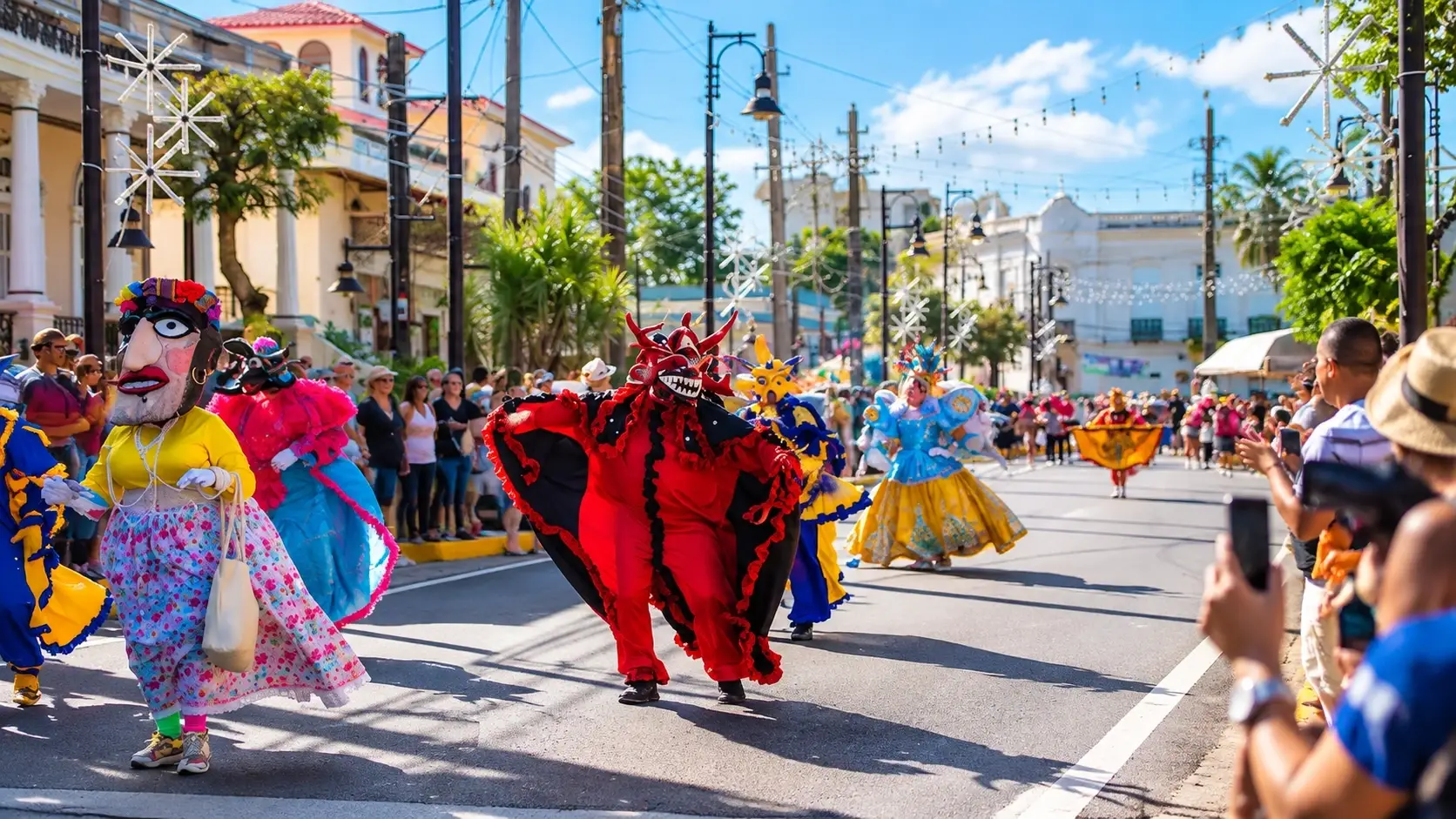 Colorful local festival in Añasco, Puerto Rico, with costumed performers parading through a historic town street as spectators watch the celebration.