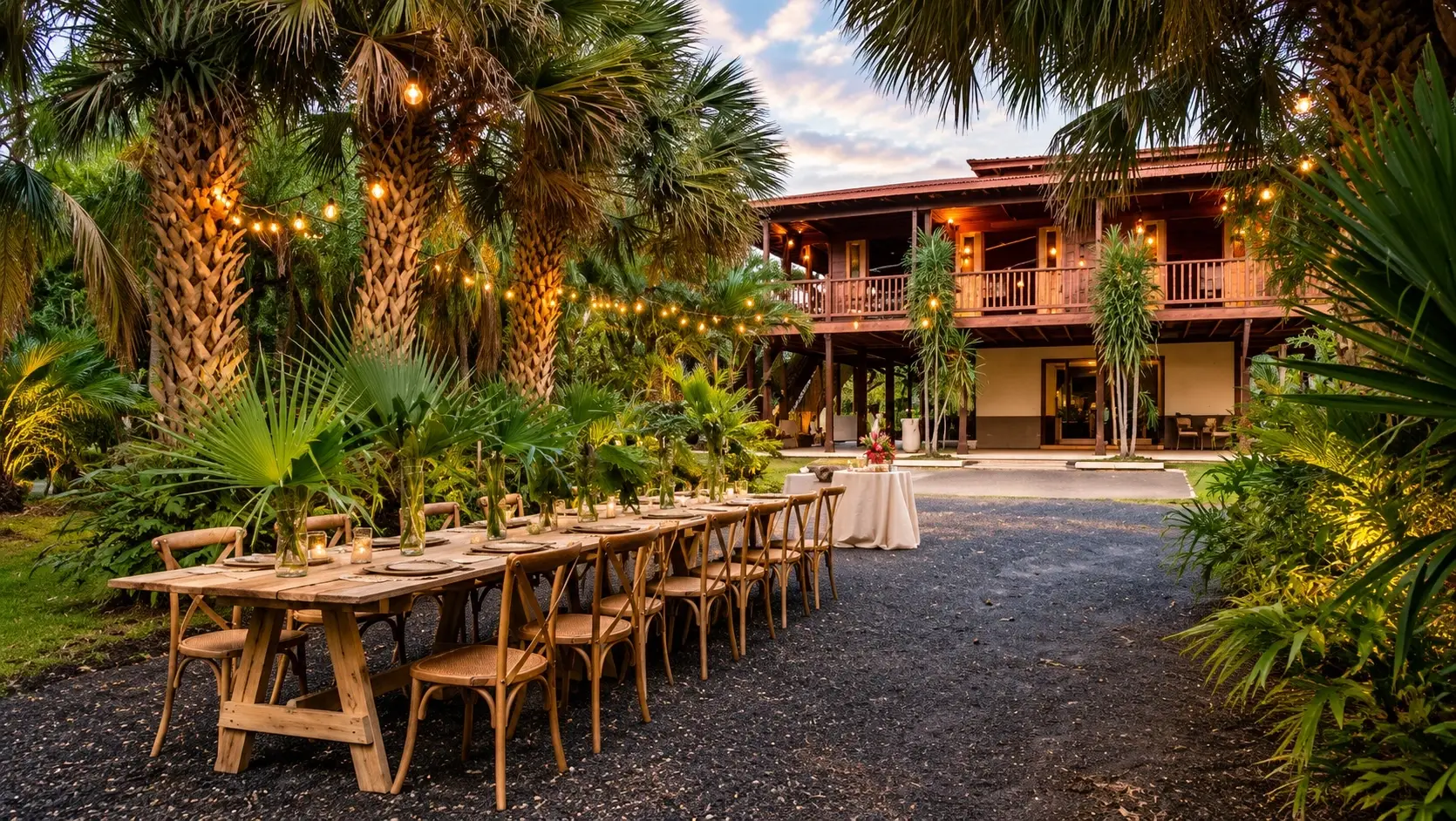 Tropical hacienda-style setting representing Hacienda Igualdad / Central Igualdad in Añasco, Puerto Rico, with traditional architecture, palm trees, lush vegetation, and warm ambient lighting.