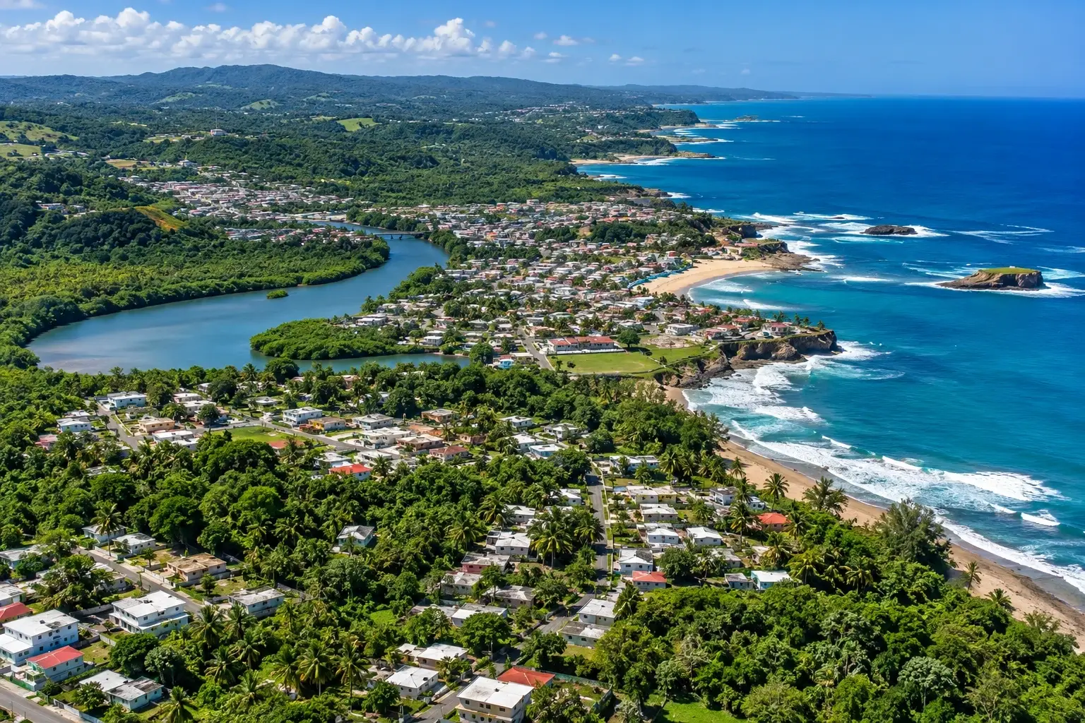Illustrative Arecibo coastal view with homes, a waterway and ocean surf.