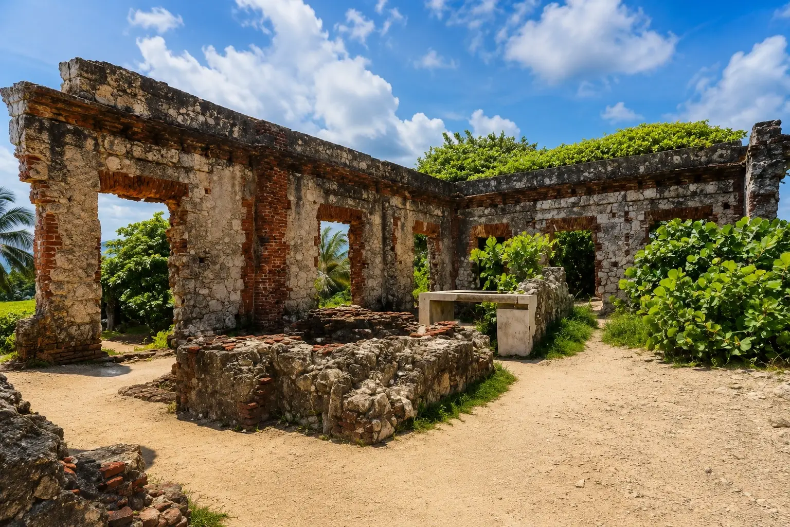 Weathered stone ruins surrounded by tropical greenery in a Coloso Valley view.