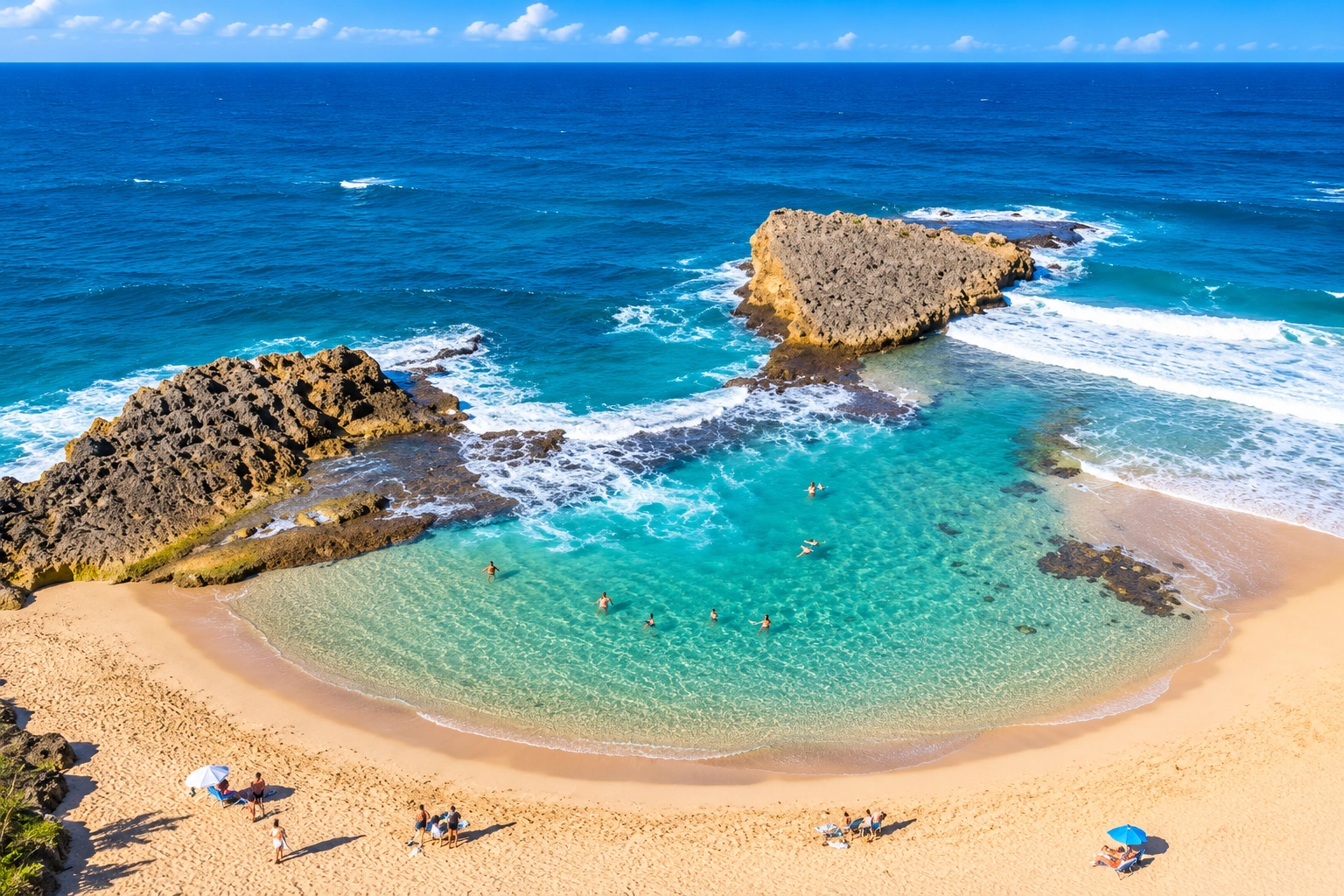 Golden sand, blue water, and rocky shoreline at La Poza del Obispo Beach in Arecibo, Puerto Rico.