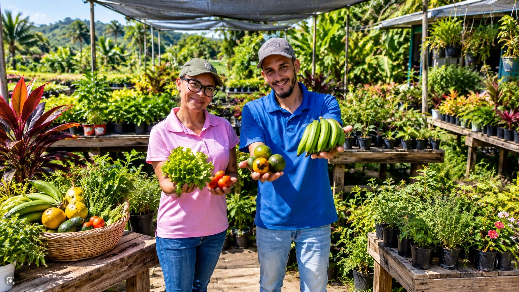 Local growers presenting fresh tropical produce at a lush plant nursery in Aguas Buenas, Puerto Rico.