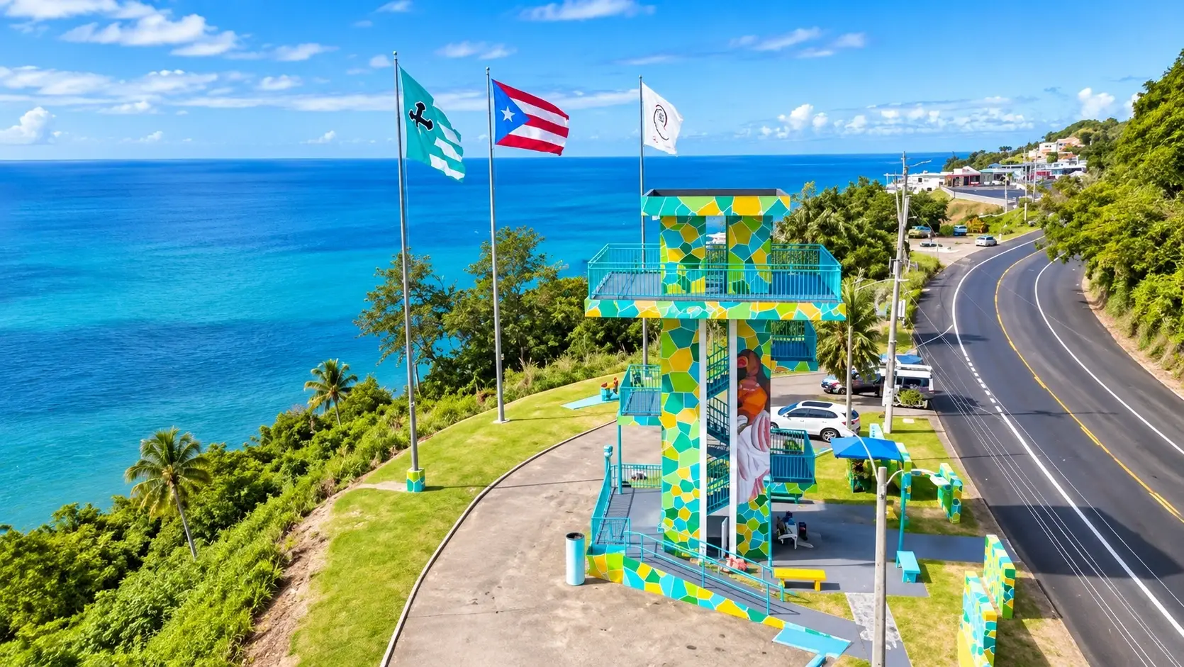 Scenic aerial view of Mirador de Añasco (Mirador 115) in Puerto Rico, with a colorful observation tower, coastal road, tropical greenery, and blue Caribbean waters.