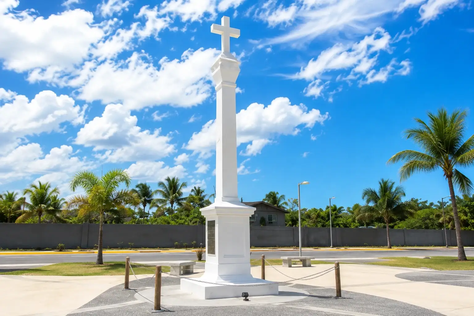 Tall white Cruz de Colón monument in Aguada, Puerto Rico, standing in a landscaped plaza with palm trees beneath a bright blue Caribbean sky.