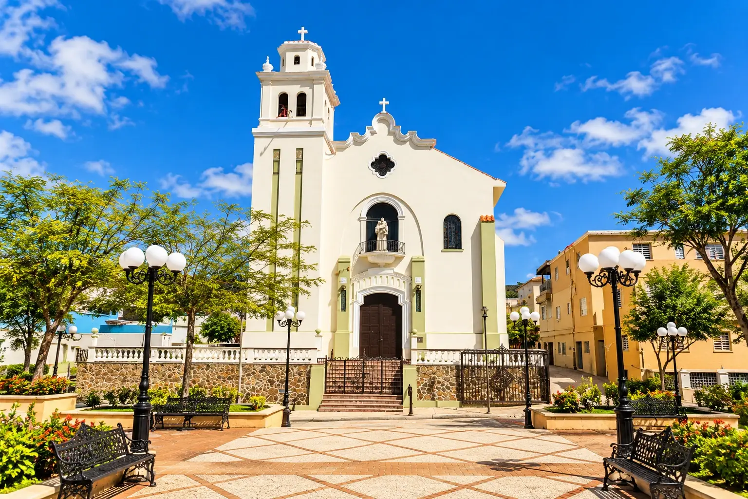 Historic façade of Parroquia San Antonio de Padua in Barranquitas, Puerto Rico.