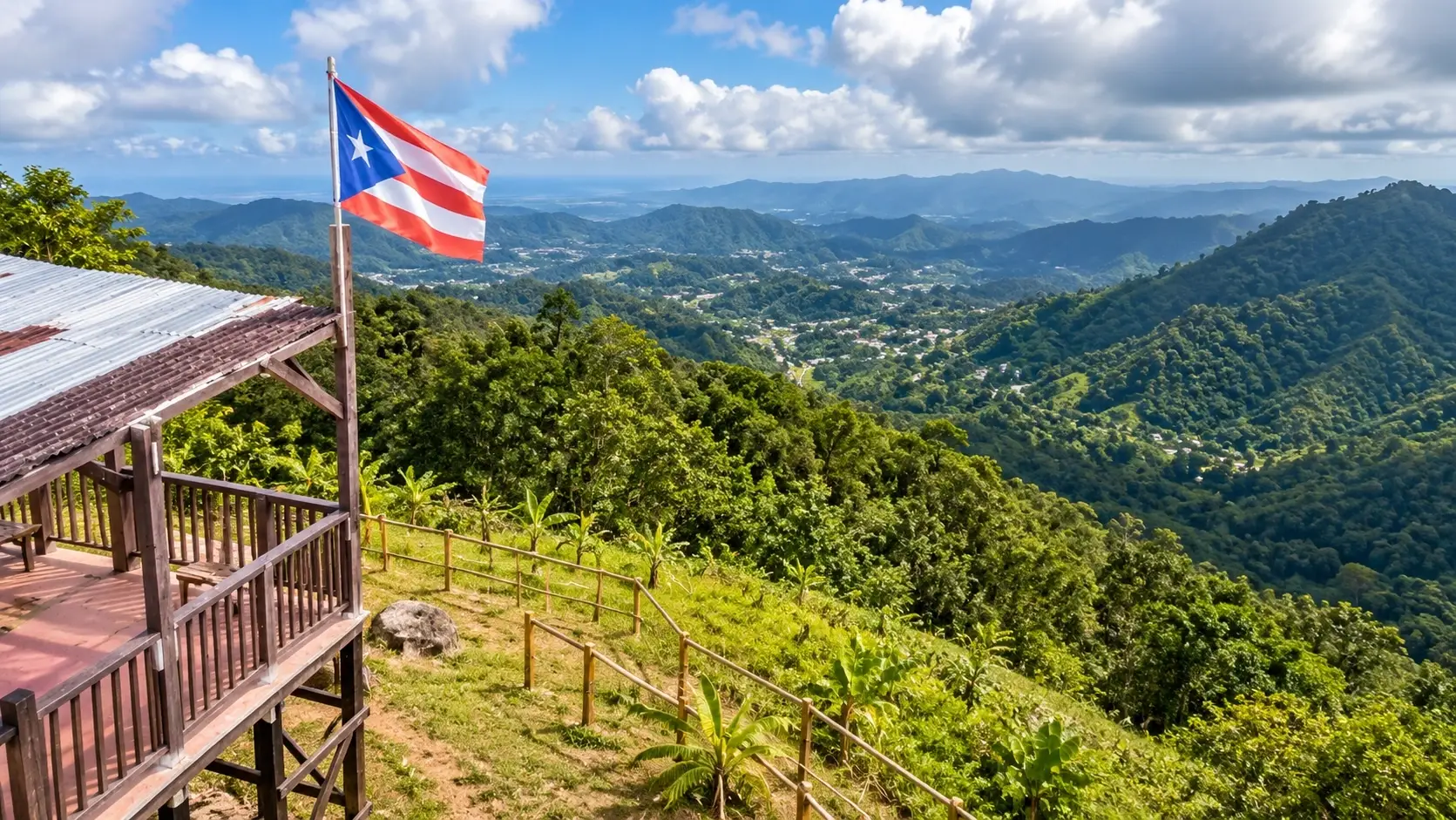 Panoramic mountain view from Paseo El Mirador in Aguas Buenas, Puerto Rico, overlooking lush tropical valleys and forested hills.