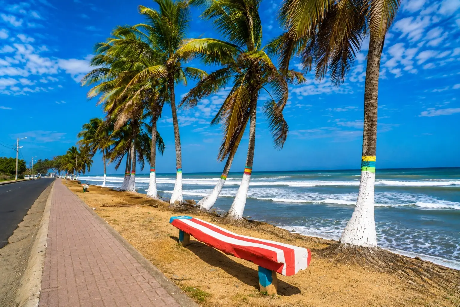 Playa Mameyito in Aguada, Puerto Rico, with palm trees, ocean waves, a coastal promenade, and a colorful seaside bench.