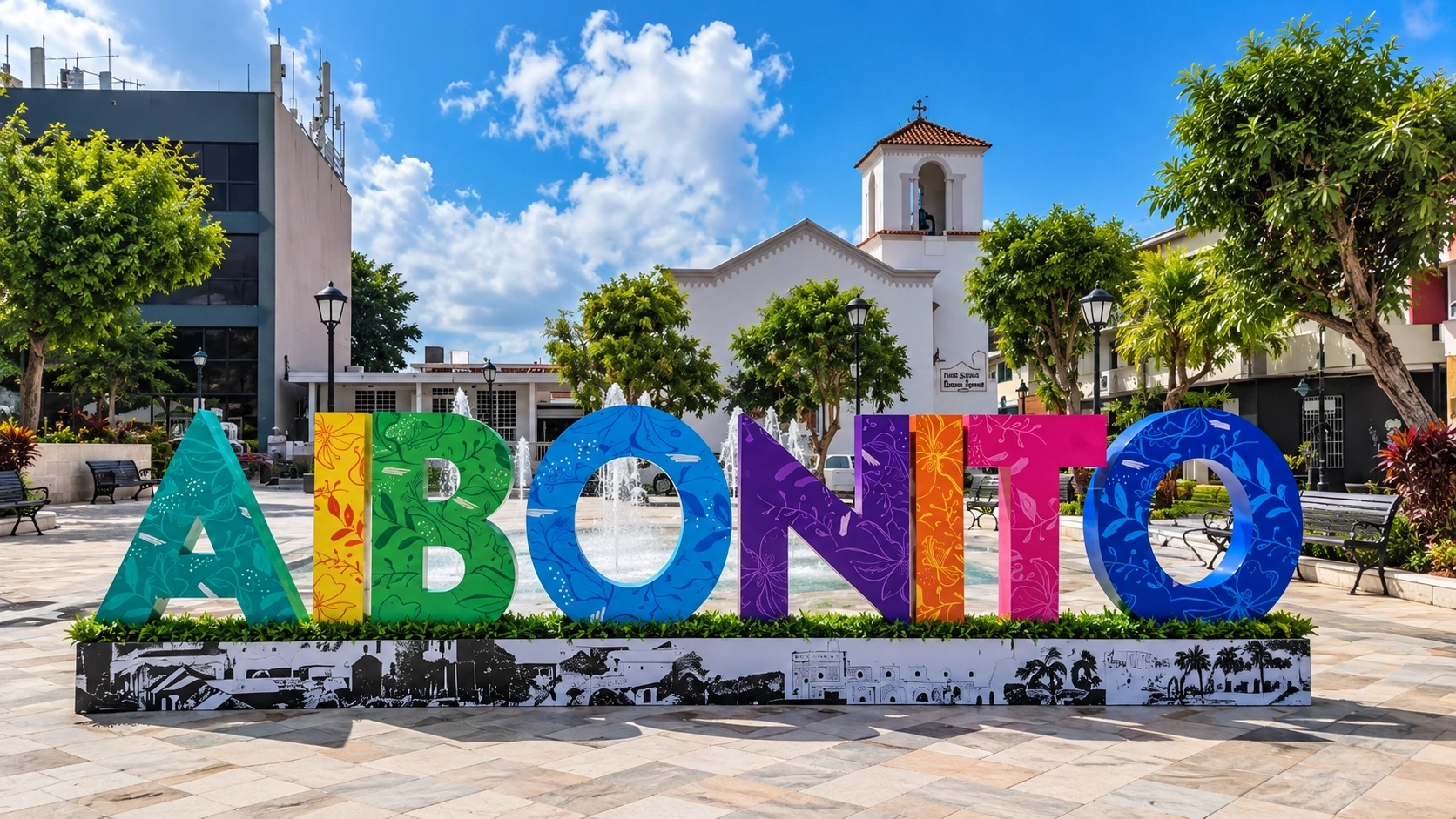 Plaza Pública de Aibonito in Puerto Rico with the colorful Aibonito sign, fountains, trees, and historic town architecture.