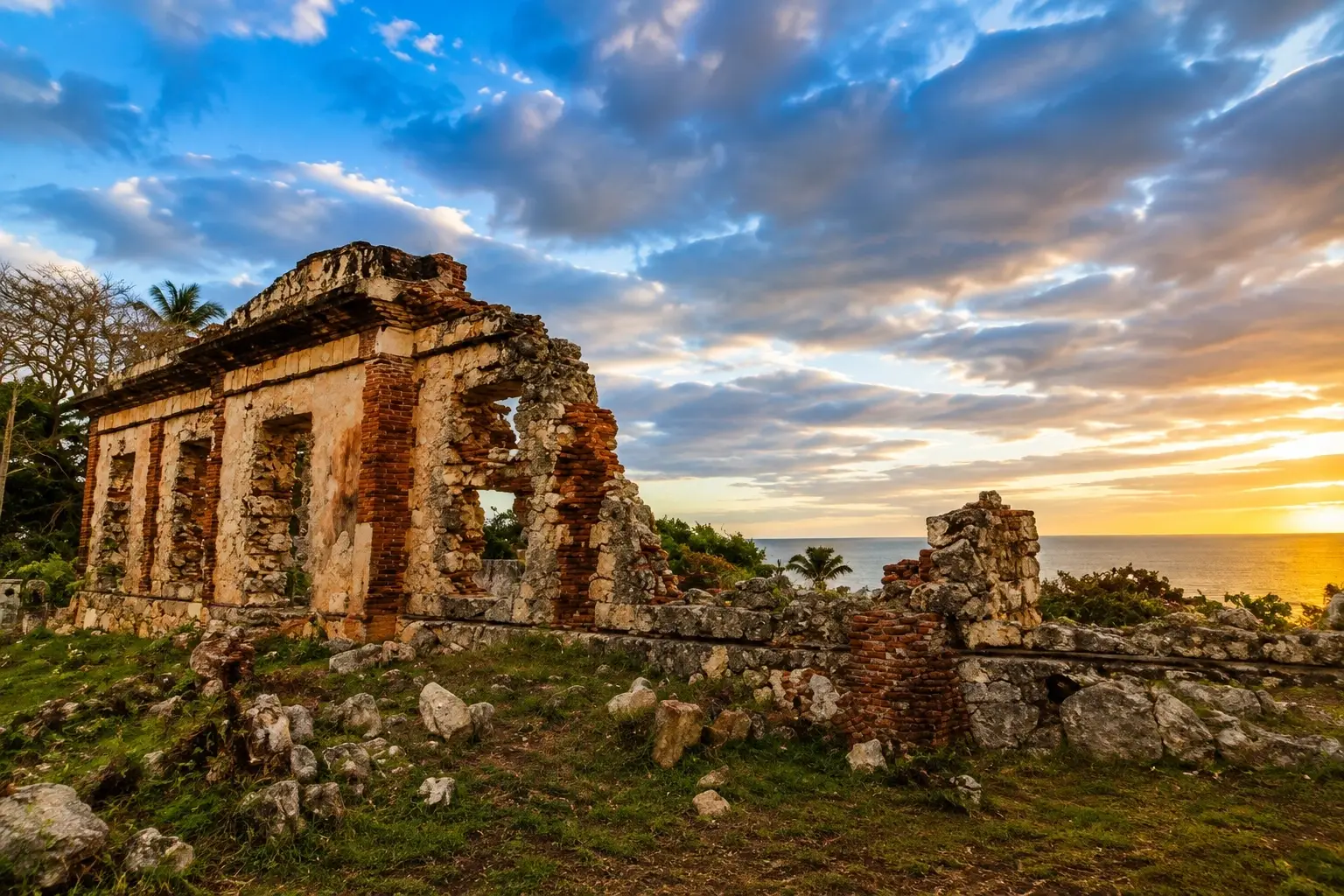 Historic ruins in Ramey, Aguadilla, Puerto Rico, surrounded by tropical vegetation with the ocean and a dramatic sunset in the background.