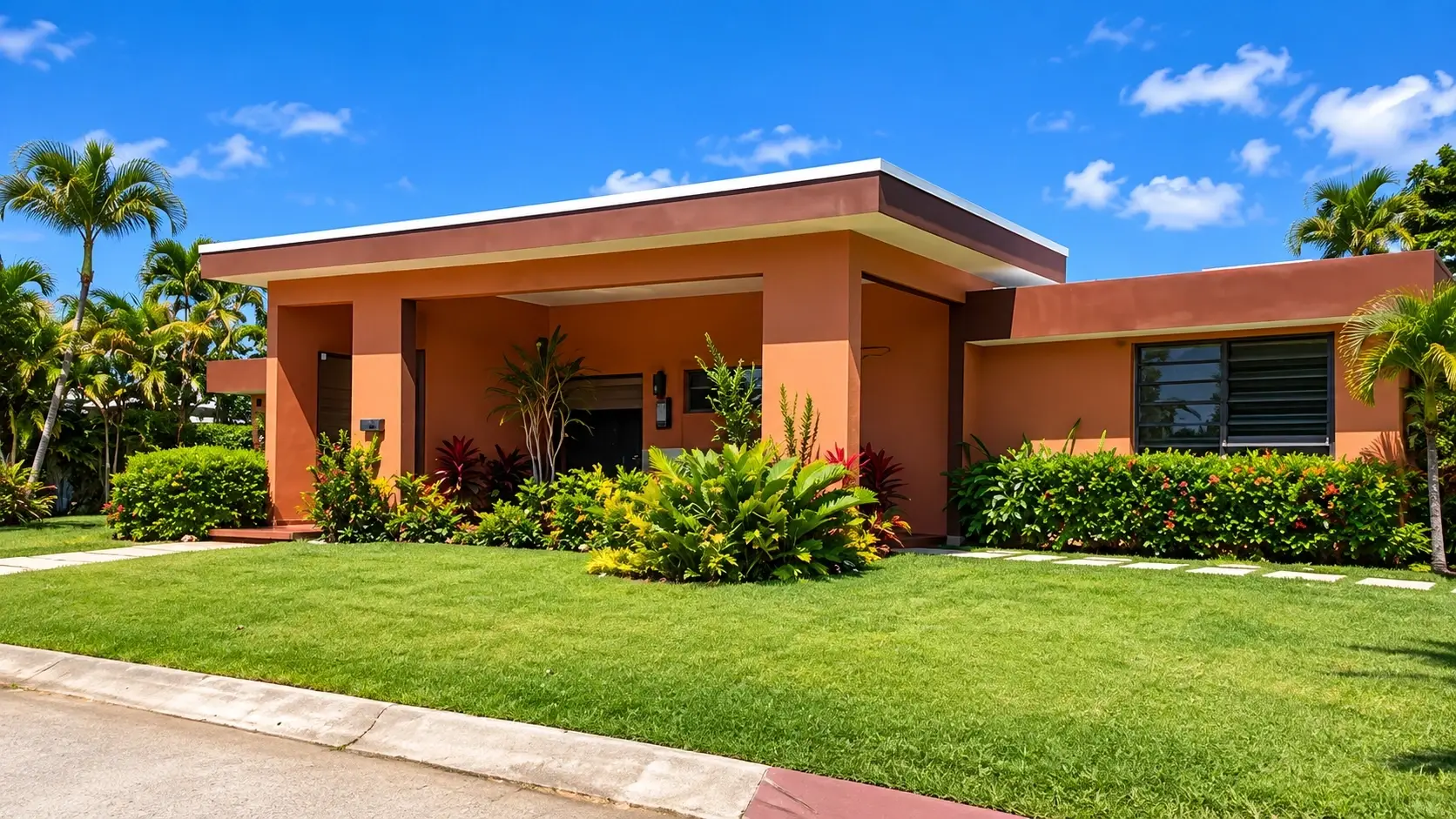 Modern single-story residence representing Ramey in Aguadilla, Puerto Rico, with a manicured lawn, tropical landscaping, palm trees, and a bright Caribbean setting.