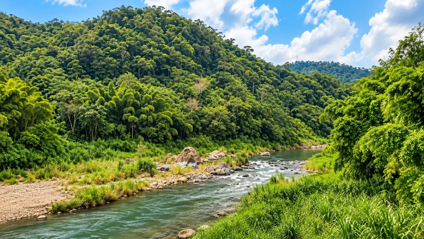 Scenic view of Río Grande de Añasco in Puerto Rico, surrounded by lush tropical vegetation, rocky riverbanks, and forested mountains.