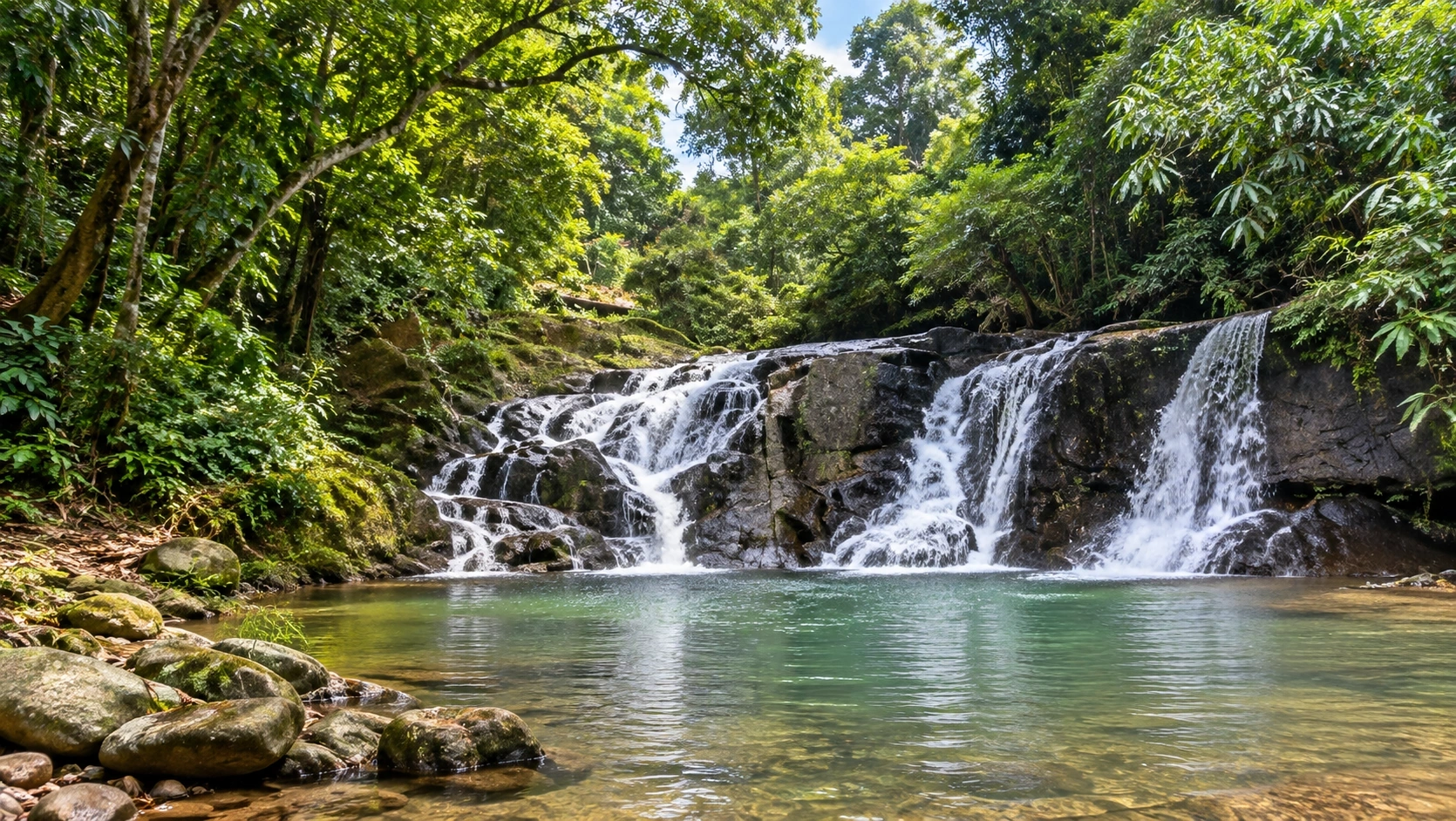 Scenic tropical waterfall representing Salto La Encantada in Añasco, Puerto Rico, with cascading water, a natural pool, rocks, and lush green forest.