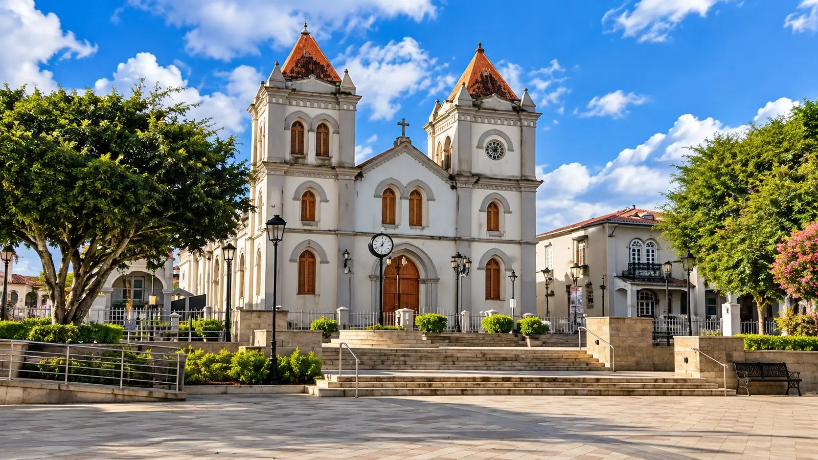 San José Church in Aibonito, Puerto Rico, featuring its historic twin-tower facade and central plaza setting.
