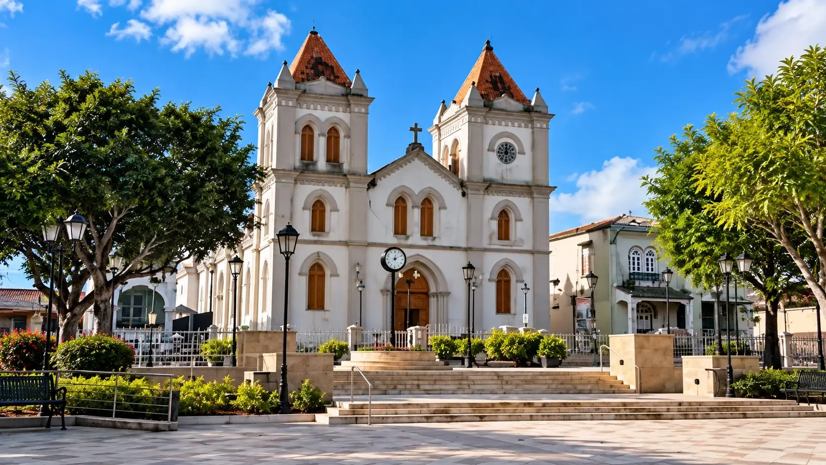 Historic San José Church in Aibonito, Puerto Rico, with twin towers overlooking the town plaza.