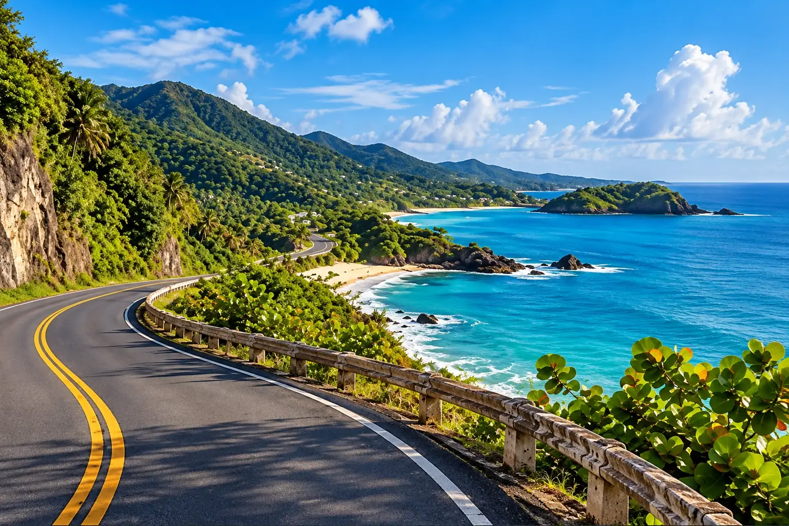 Scenic coastal roadway and tropical landscape in Arroyo, Puerto Rico.