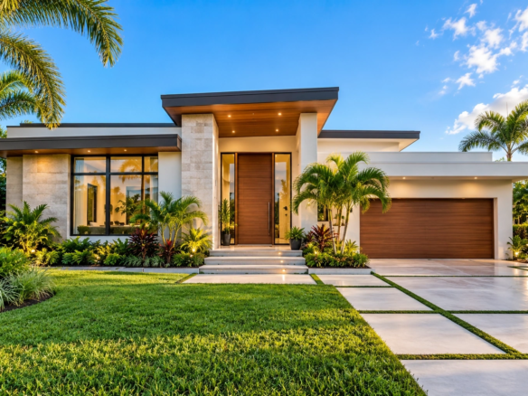 Modern single-family home with large windows, palm trees and a landscaped lawn.