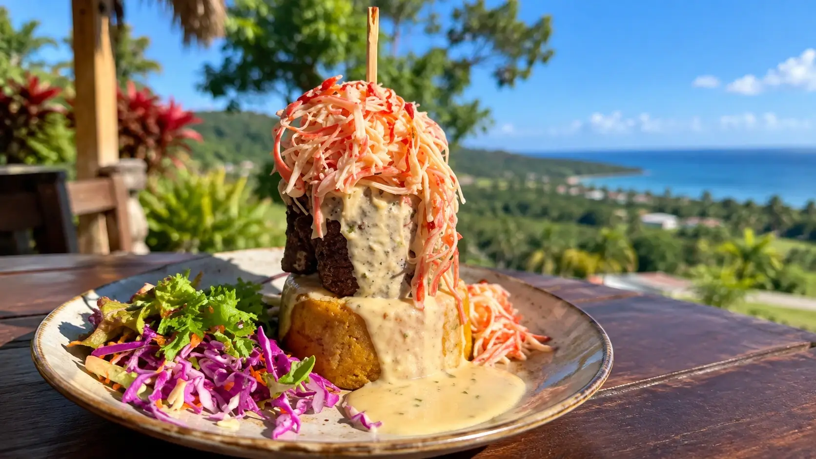 Puerto Rican-style local cuisine served in Añasco, with a savory plantain-based dish, fresh salad, creamy sauce, and tropical coastal scenery.