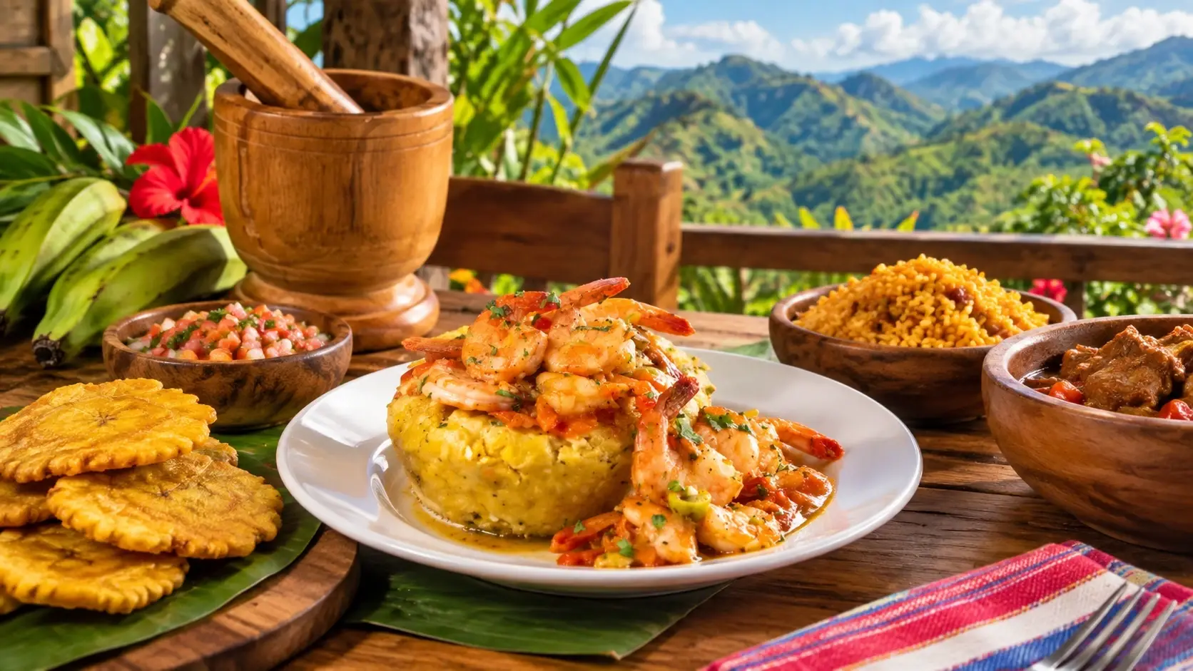 Traditional Puerto Rican cuisine in Aibonito with shrimp mofongo, tostones, seasoned rice, and local dishes overlooking lush mountains.