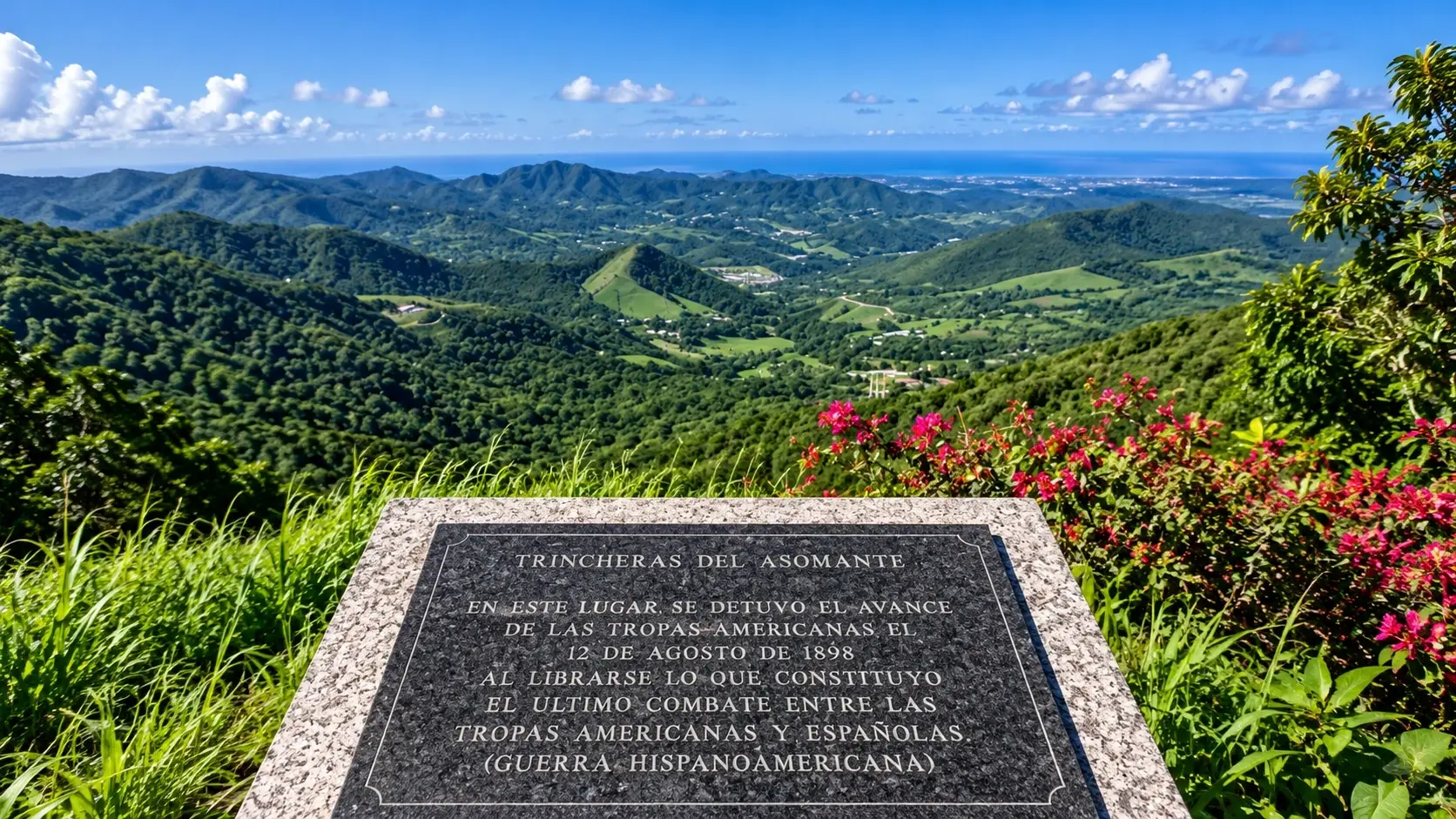 Historic Trincheras de Asomante marker overlooking lush green mountains and valleys in Aibonito, Puerto Rico.