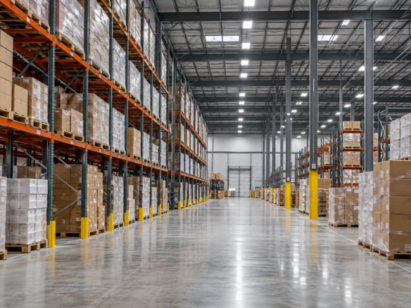 Warehouse interior with pallet racks, stacked boxes and wide aisles.