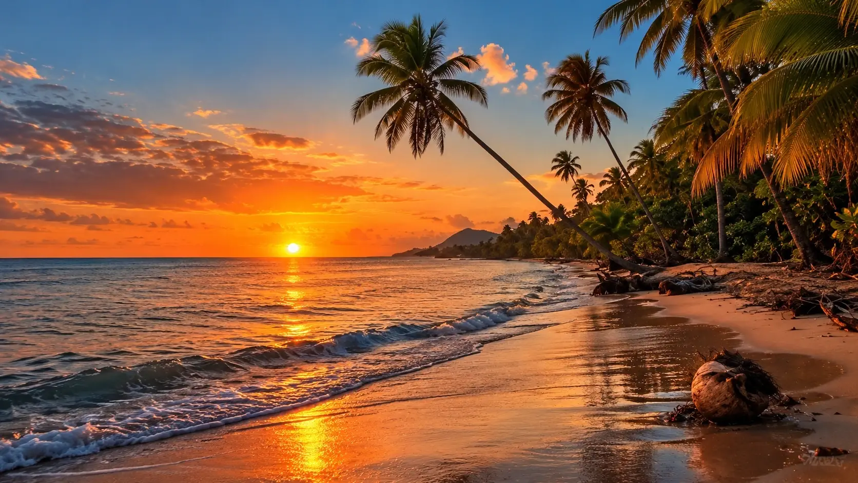 Golden sunset over a tropical beach in Añasco, Puerto Rico, with palm trees, gentle Caribbean waves, and warm reflections across the shoreline.
