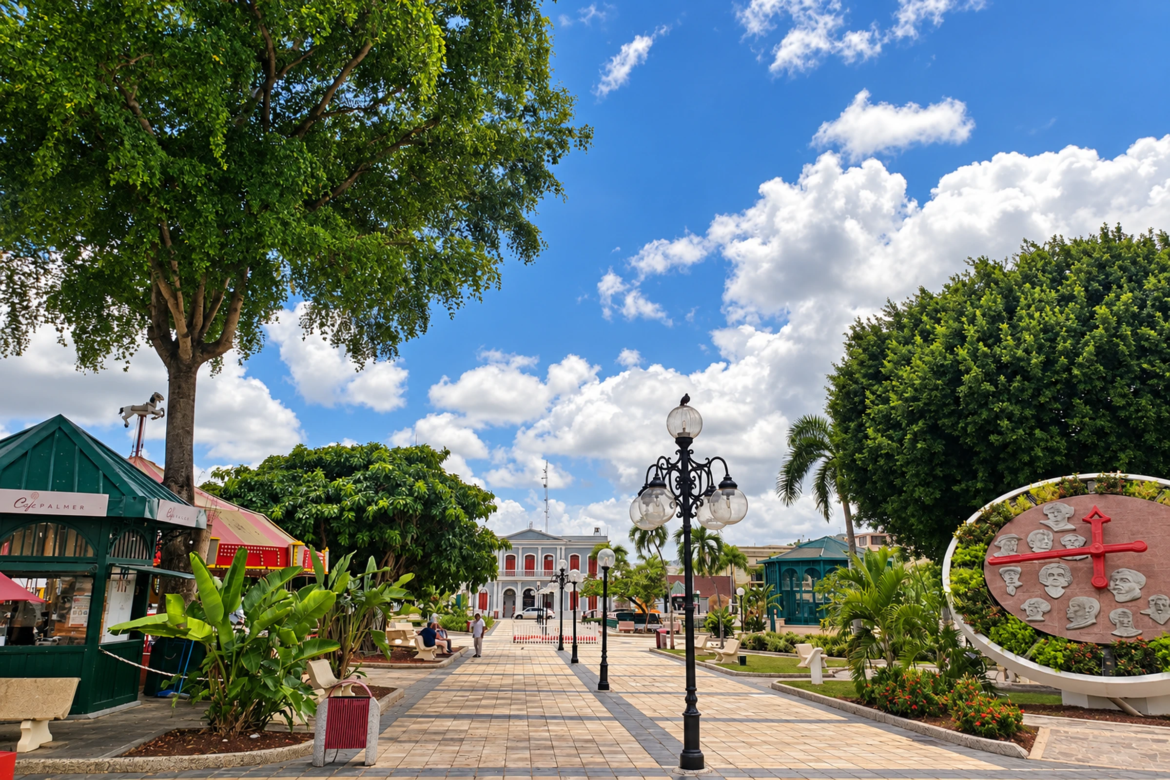 Garden walkway with ornamental lamps at Plaza Santiago R. Palmer in Caguas.