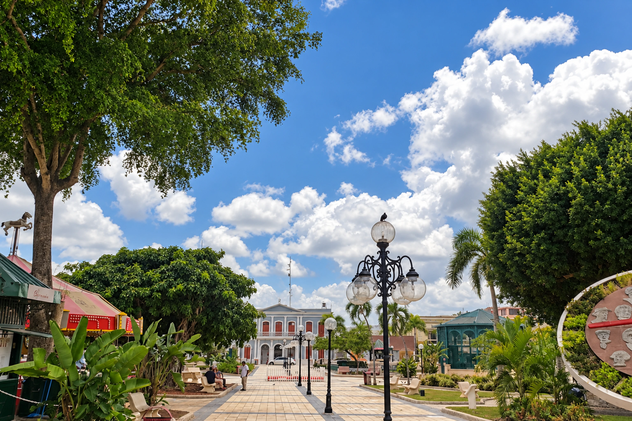 Tree-lined walkway and civic building at Plaza Santiago R. Palmer in Caguas.