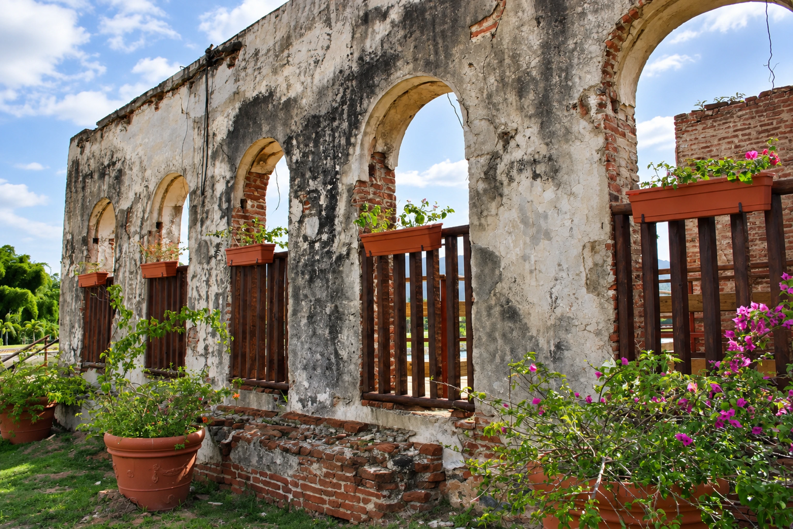 Historic stone ruins surrounded by tropical vegetation at Caguas Botanical Garden.