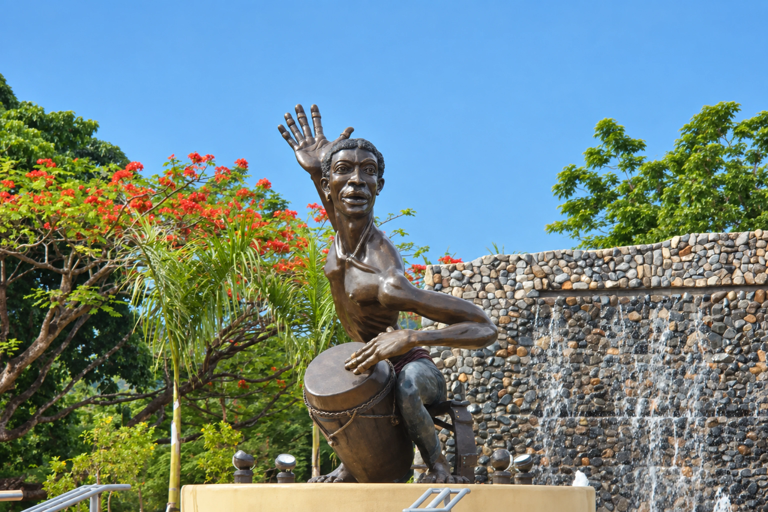 Conguero statue honoring Puerto Rican percussion traditions in Caguas.