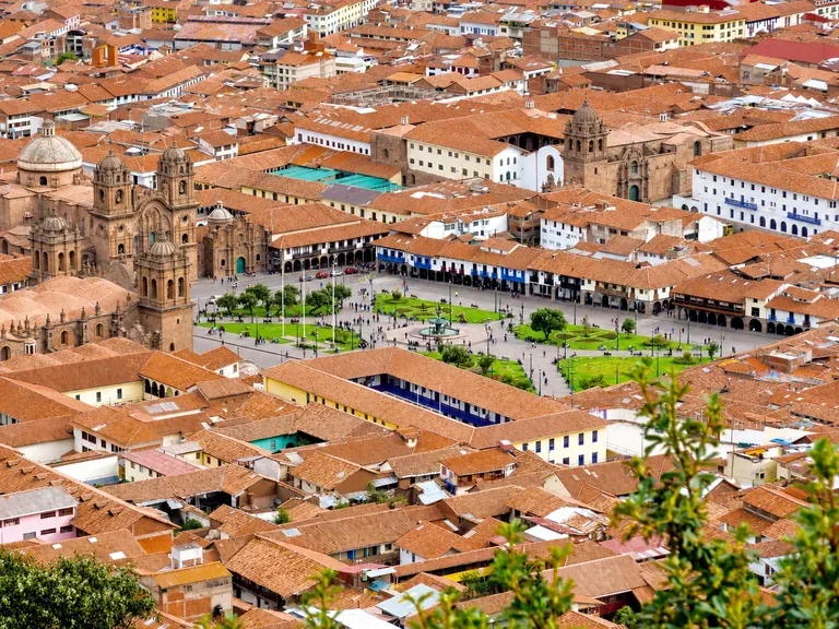 Cusco’s Plaza de Armas, churches and terracotta rooftops in Peru