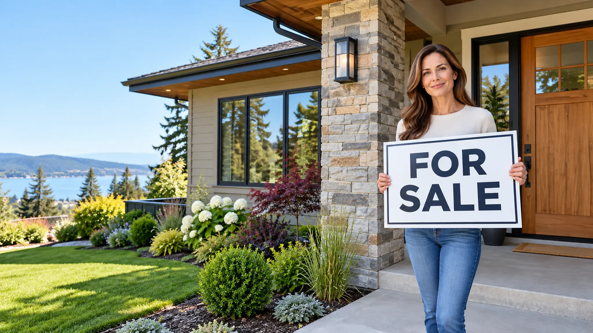 A woman homeowner holds a For Sale sign on the front porch of a house.