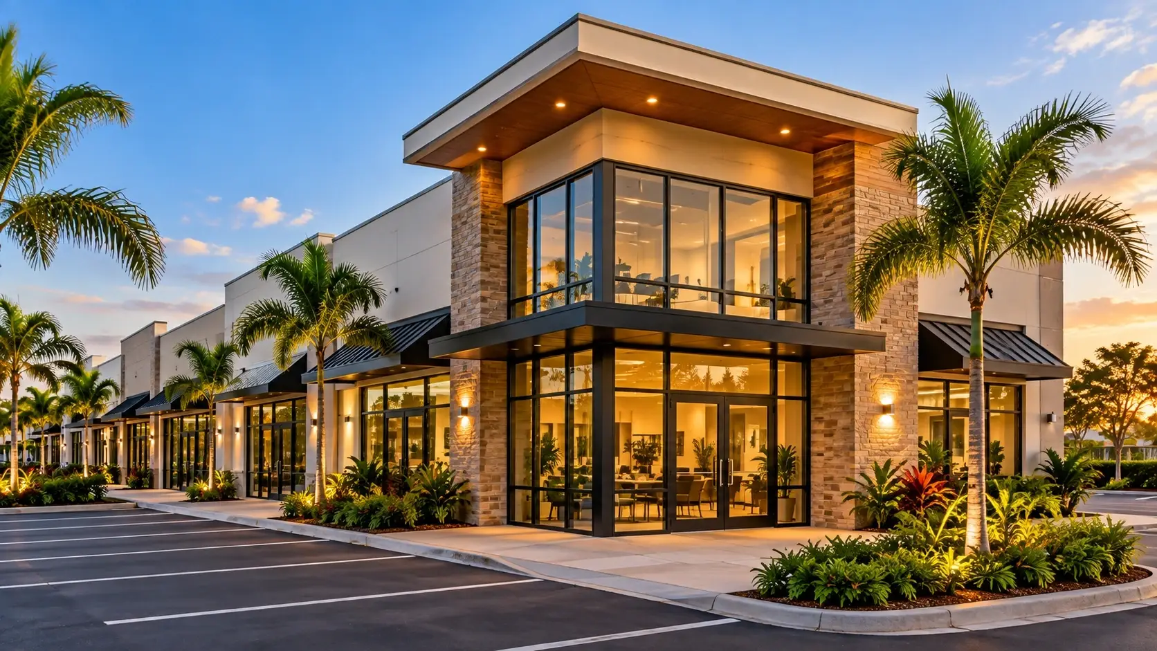 Modern Commercial Building Modern commercial building with glass storefronts, landscaping and parking.