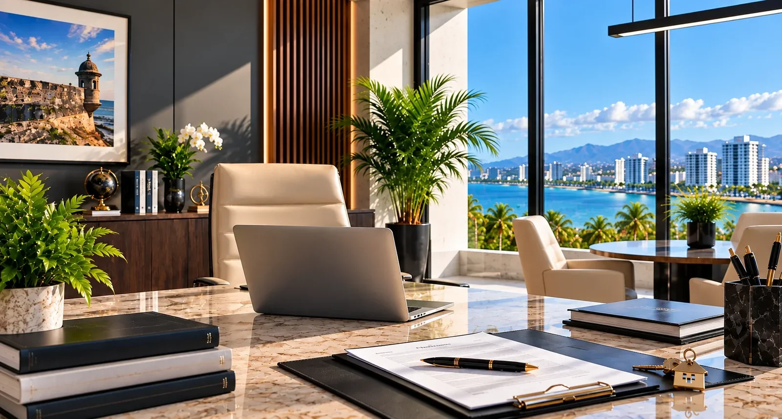 Modern Office with a Coastal City View A modern office has a laptop, plants, and large windows overlooking a coastal city.