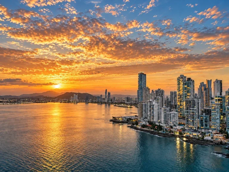 Panama City waterfront and skyline in golden-hour light