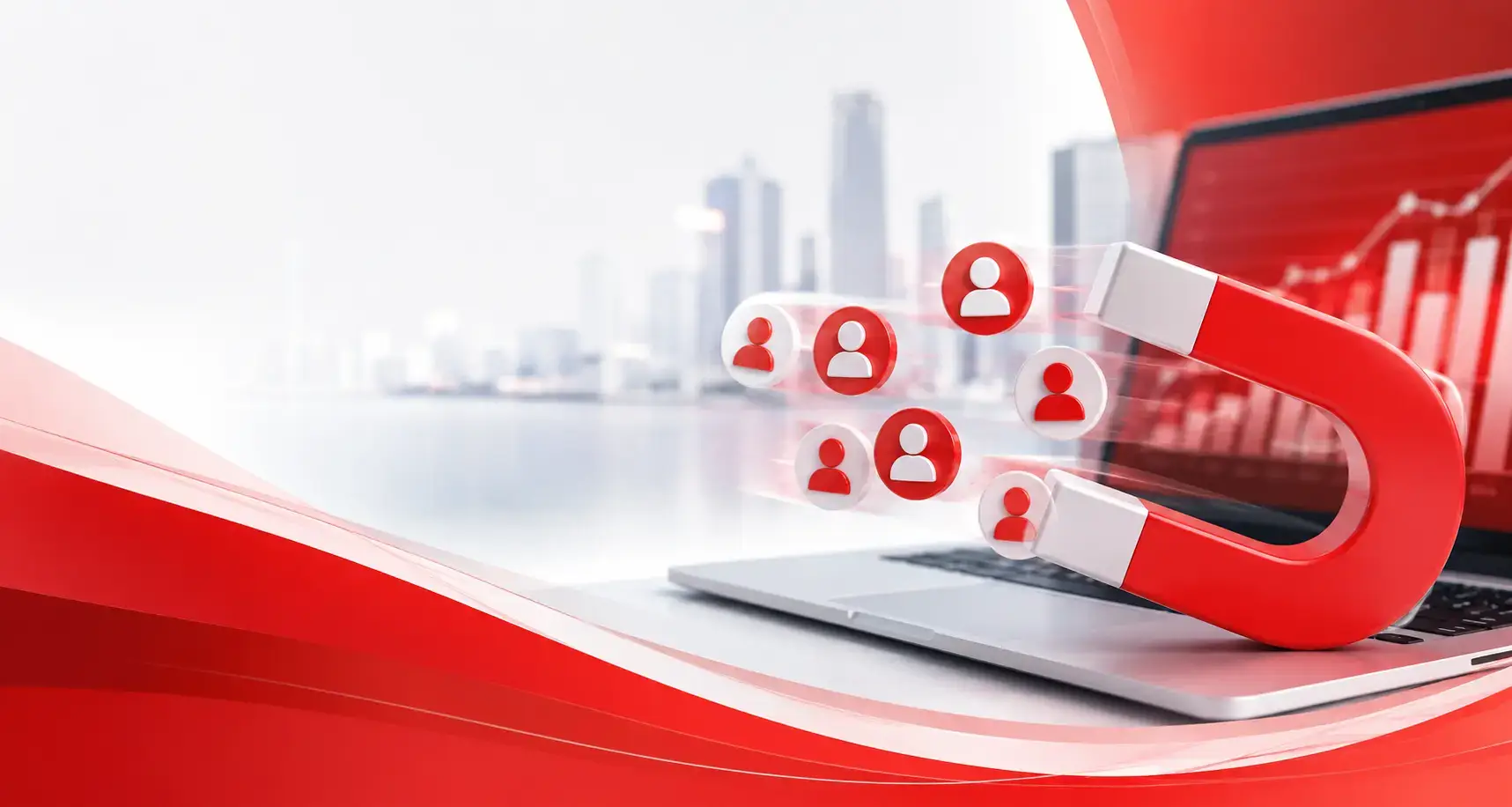 Real Estate Advertising and Lead Generation A red horseshoe magnet attracts contact icons toward a laptop.
