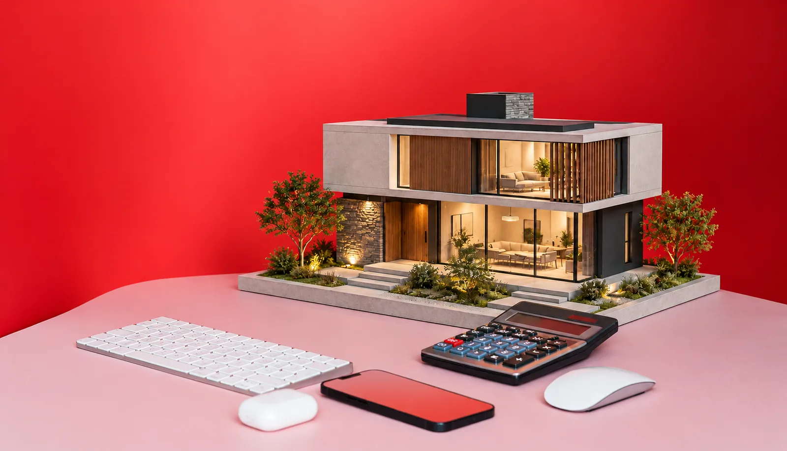 Contemporary house model beside a desktop calculator, keyboard and smartphone against a red background.