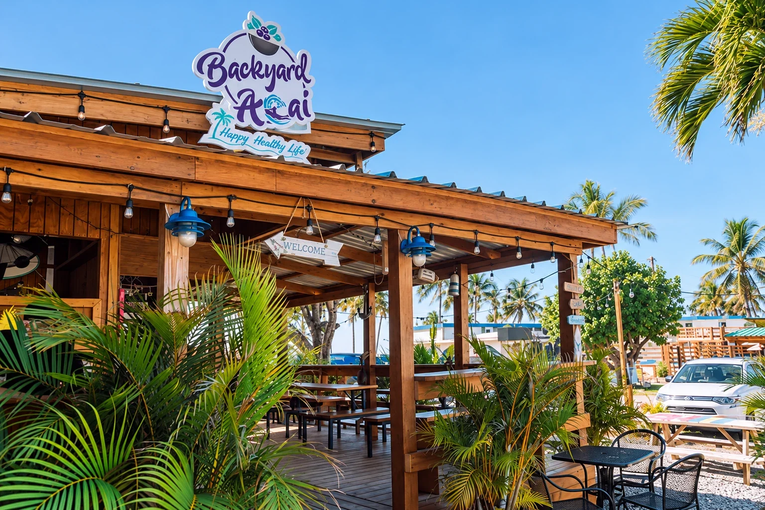 AI-enhanced image based on the Backyard Açai reference photo, showing the wooden open-air façade, rooftop sign, timber posts, lamps and tropical palms in Camuy, Puerto Rico.