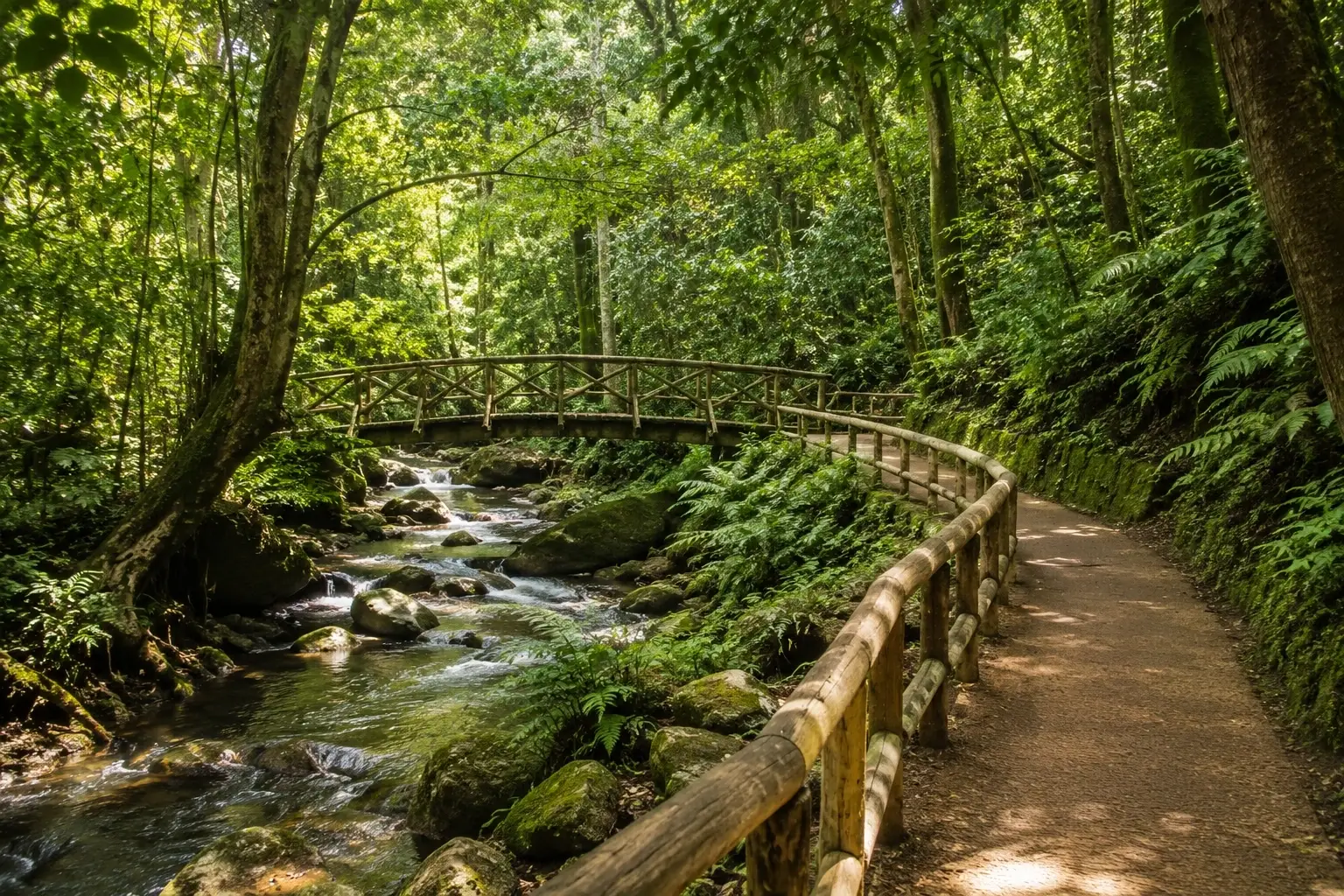 Lush tropical forest trail beside a mountain stream in Bosque del Pueblo, Adjuntas, Puerto Rico.