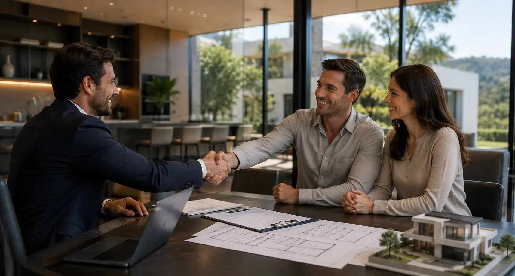 Real estate broker shaking hands with clients during a professional property consultation in a modern luxury home.