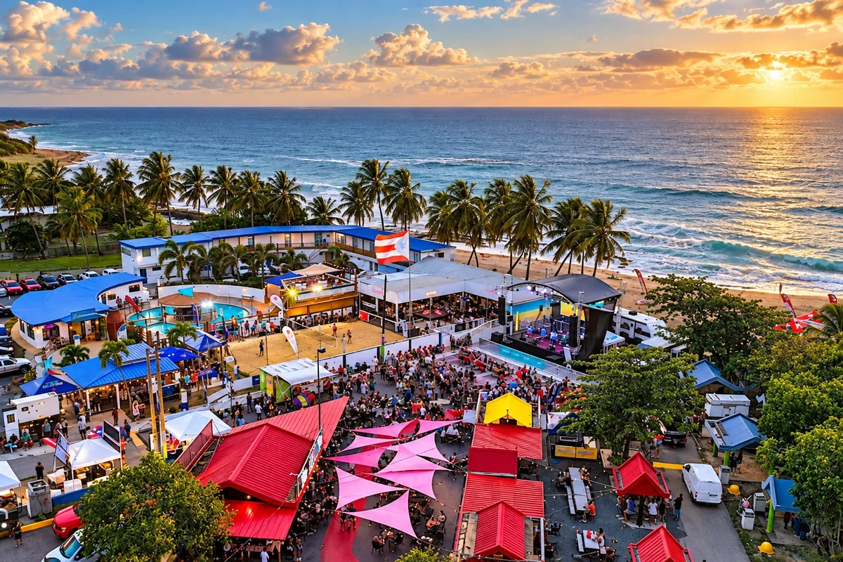 AI-enhanced aerial view based on the supplied Camuy Summer Fest reference, showing the coastal event grounds, stage, colorful canopies, palm trees and ocean in Camuy, Puerto Rico.