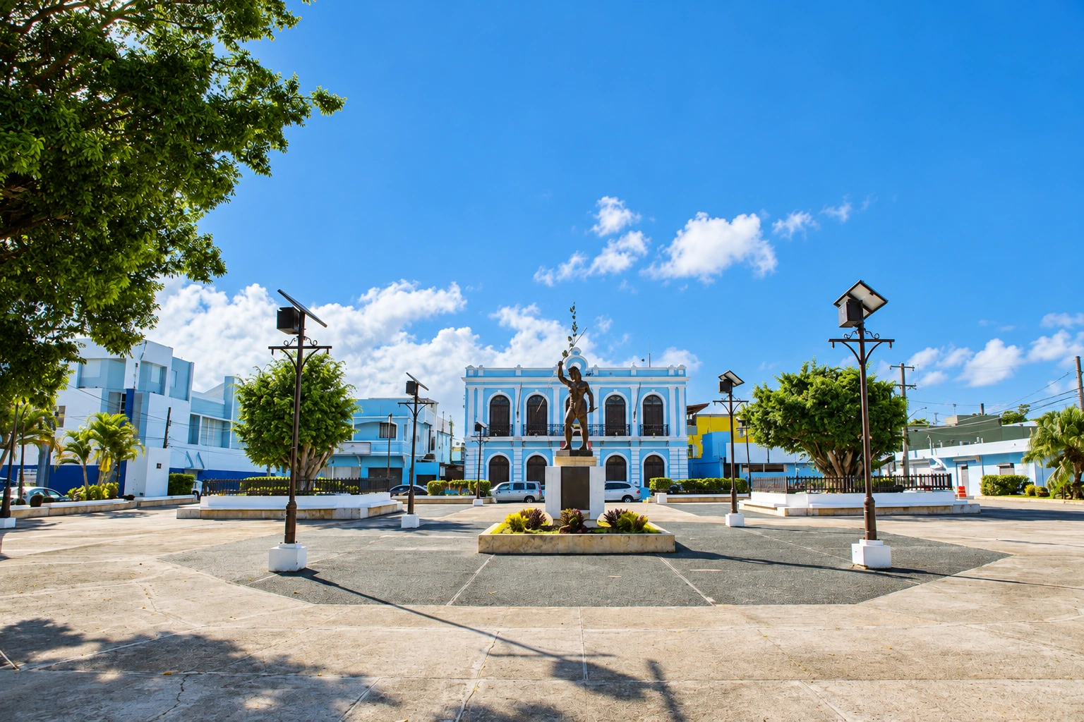 AI-enhanced photograph of Plaza de Recreo Francisco Arroyo Salamán and the town hall in Canóvanas Pueblo.