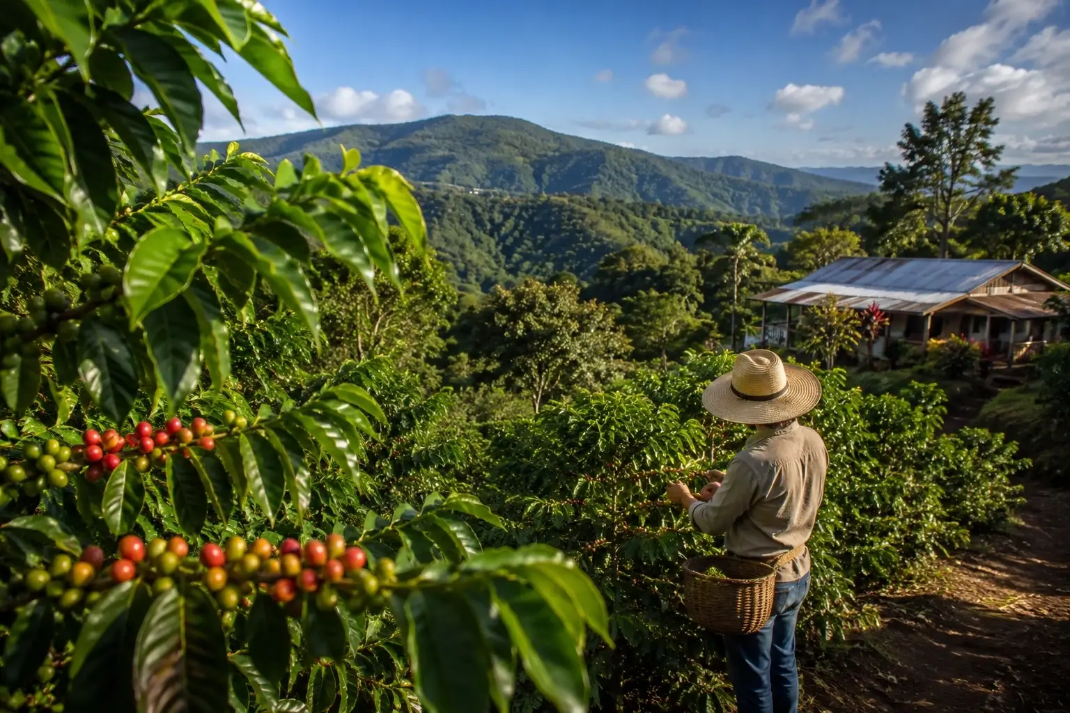 Coffee farm with ripe coffee cherries and lush mountain scenery in Adjuntas, Puerto Rico.