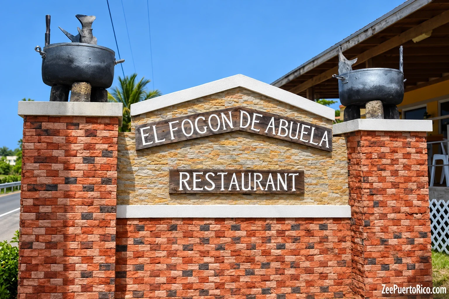 AI-enhanced image based on the El Fogón de Abuela reference photo, showing brick entrance piers, a stone sign panel and cooking-pot sculptures in Camuy, Puerto Rico.