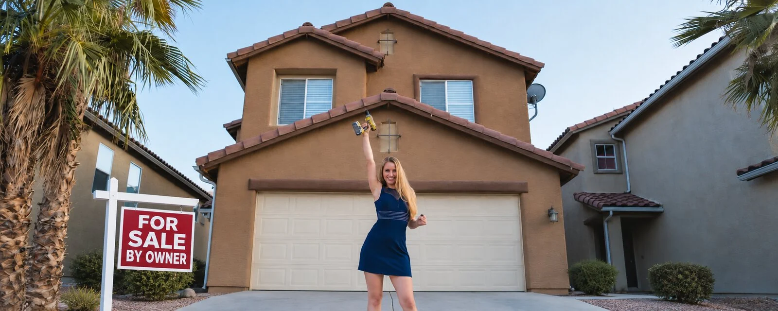 Woman homeowner holding house keys beside a red For Sale by Owner sign in front of a two-story home.