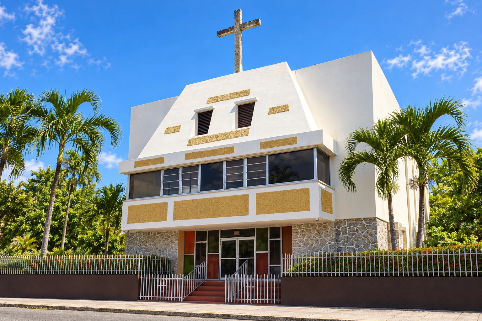 AI-enhanced photograph of the white and ochre façade, concrete cross, stone entrance and palm trees at Iglesia Nuestra Señora del Pilar in Canóvanas, Puerto Rico.
