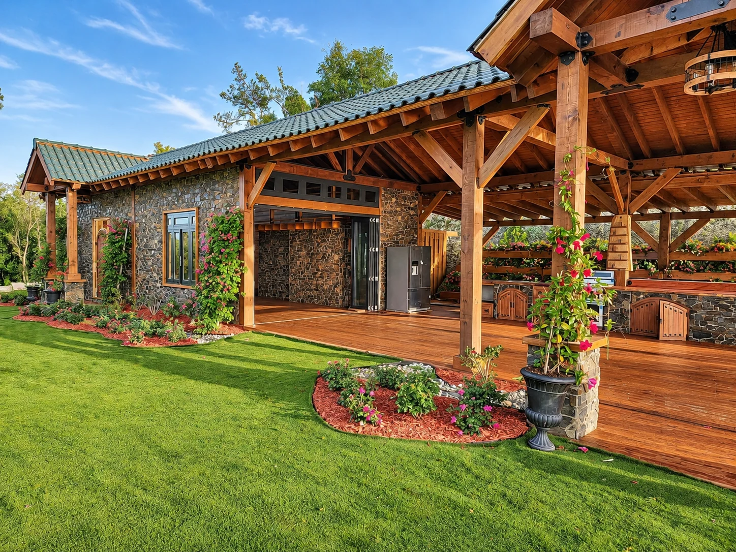 Stone and wood exterior, covered terrace, timber posts, potted plants and green lawn at La Casona in Hacienda El Amanecer, Camuy Arriba, Puerto Rico.
