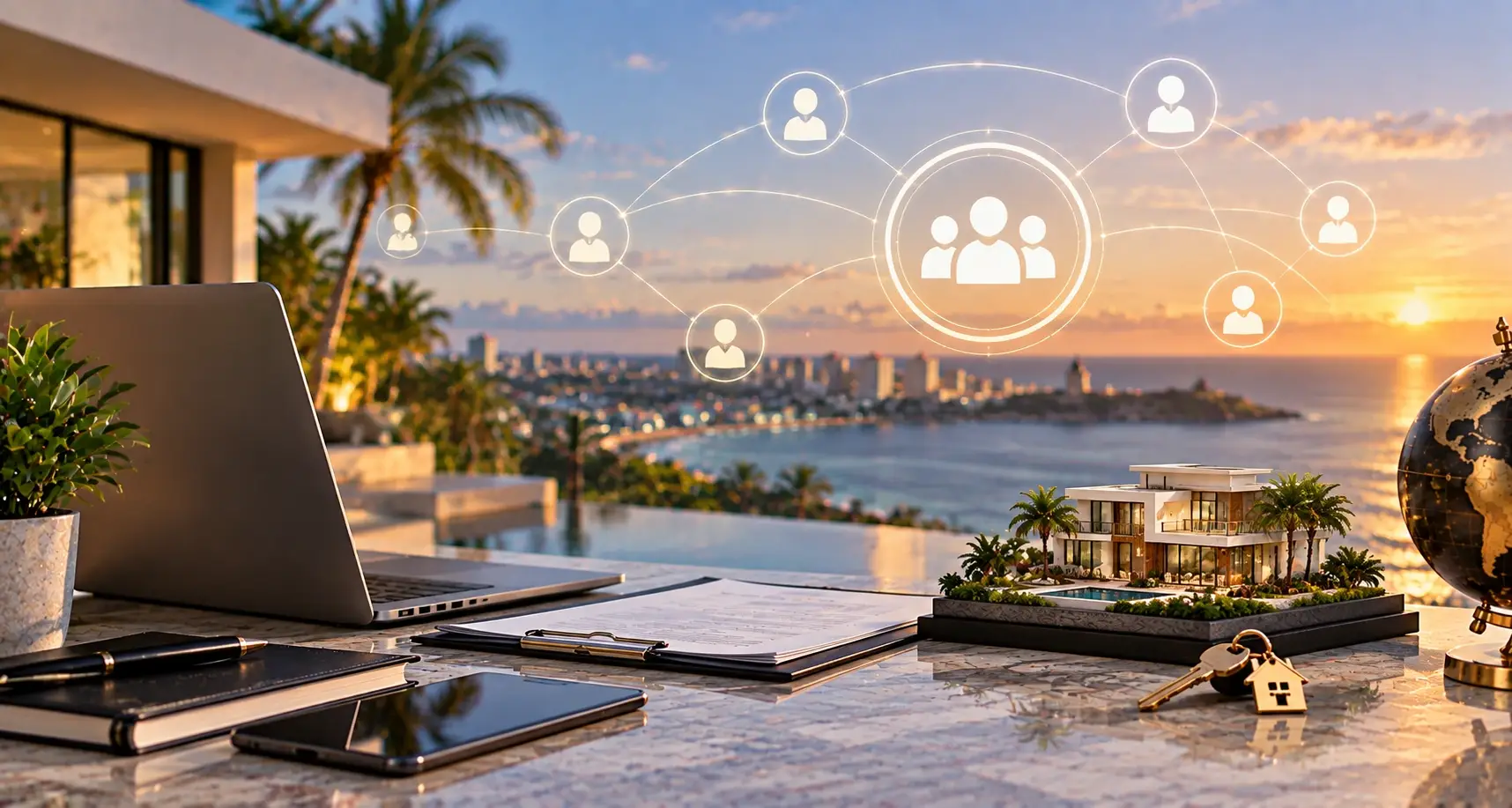 Real Estate Contacts and Lead Generation A laptop and miniature house sit beneath connected contact icons overlooking a coastal city.
